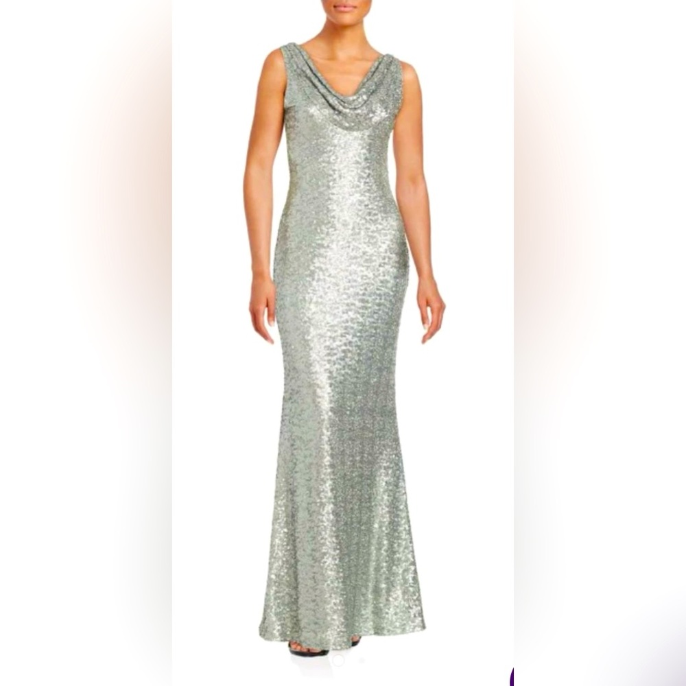 🥂 Badgley Mischka Belle Silver Sequin Cowl Neck Gown Wedding Dress Bridal Size 4